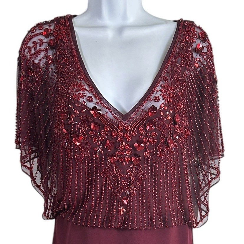 Aidan Mattox Beaded Evening Gown Wine Sequin Capelet Art Deco Old Hollywood Sz10
