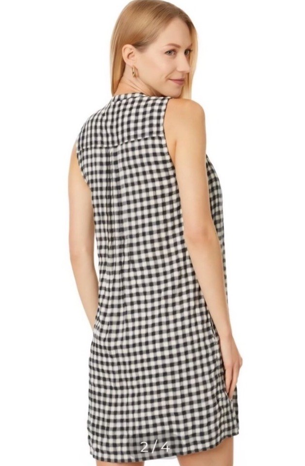 Faherty Isha Gingham Check Pleated Tank Mini Shift Dress Size Large Black/Cream