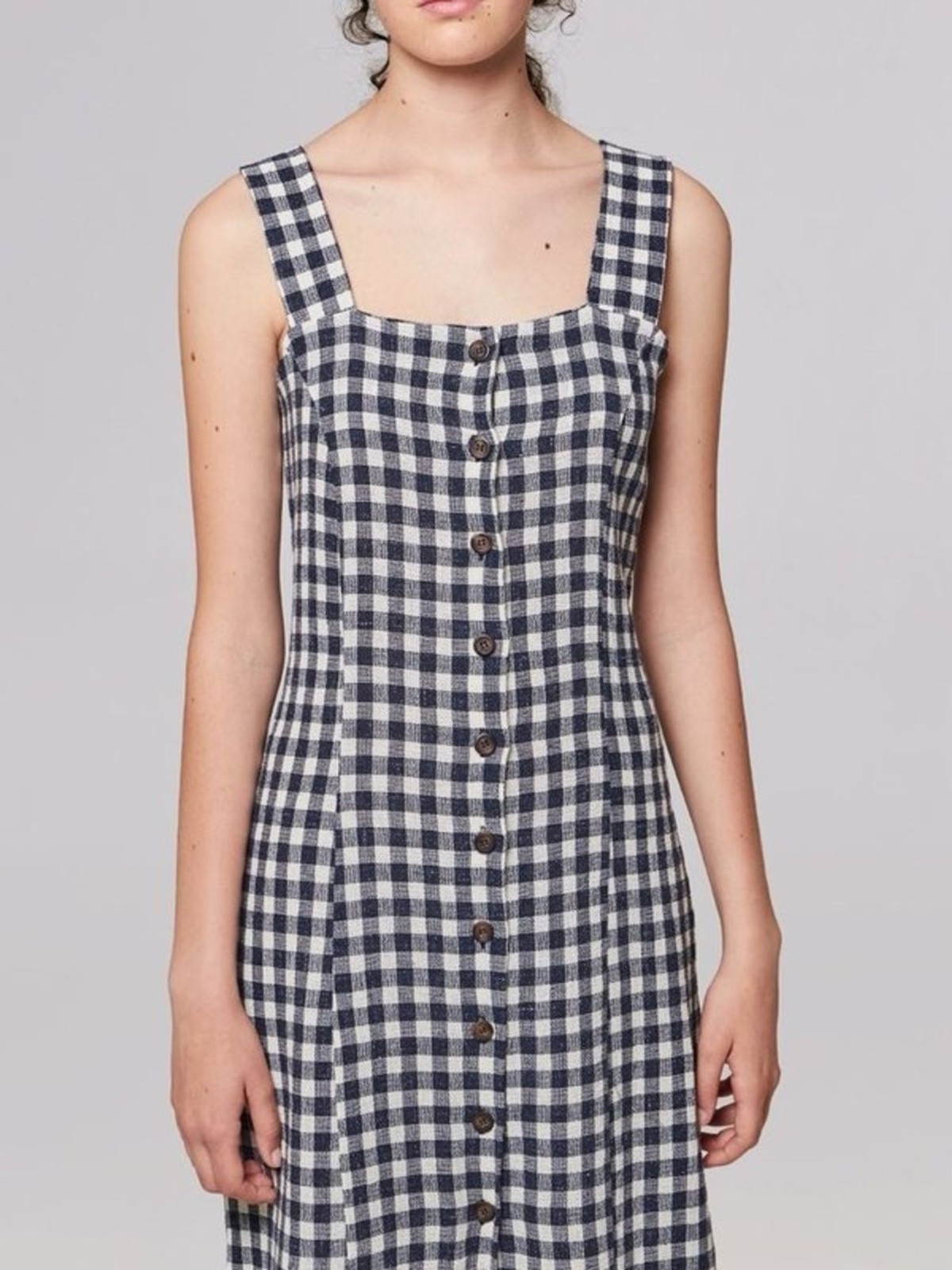 Rita Row Stefan Dress Small Navy Gingham Midi Button Front Linen Blend Portugal
