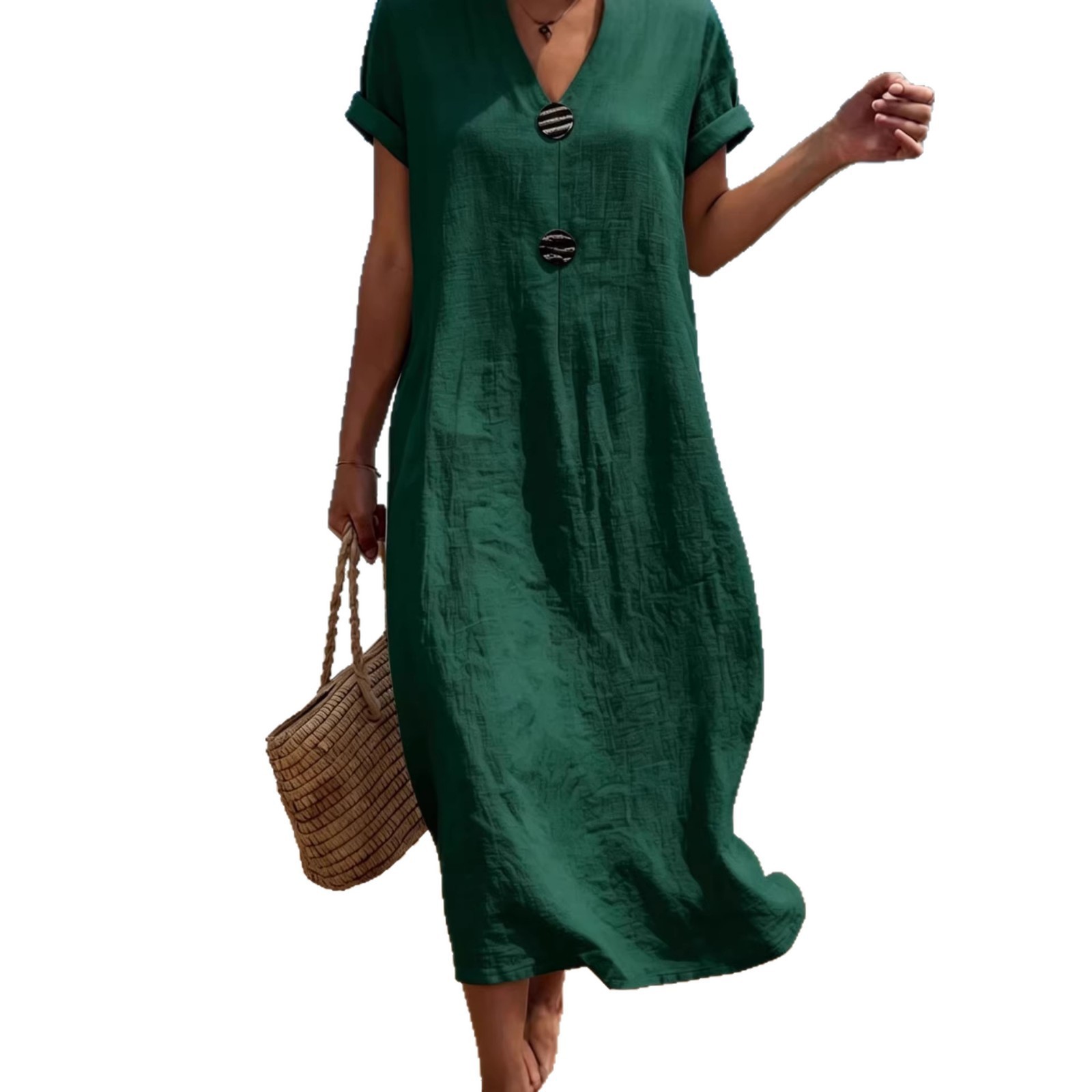 Womens Casual Solid-Color Cotton-Linen Dress