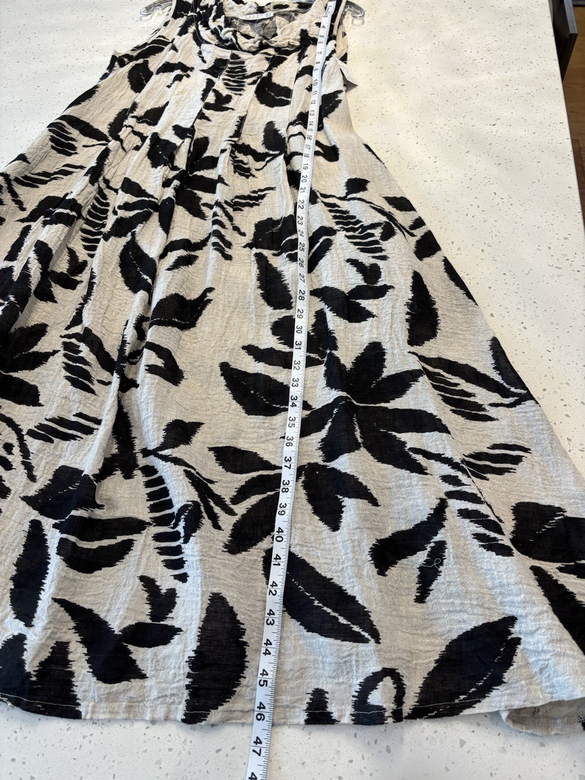 Luukaa Linen Blend Sleeveless Dress Lagenlook Cowl Neck Beige Black Abstract