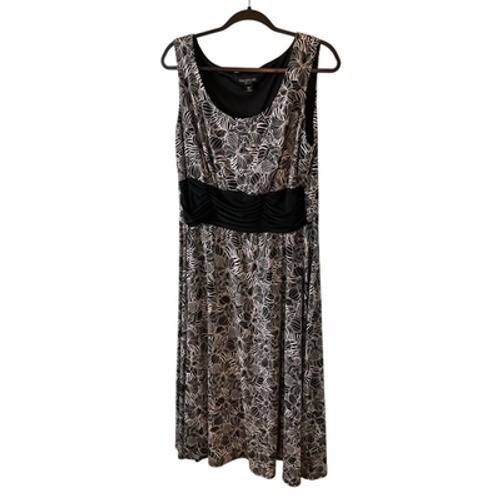 Perceptions Black White Floral Leaf Sleeveless Midi Dress Ruched Waist Sz 16W 1X