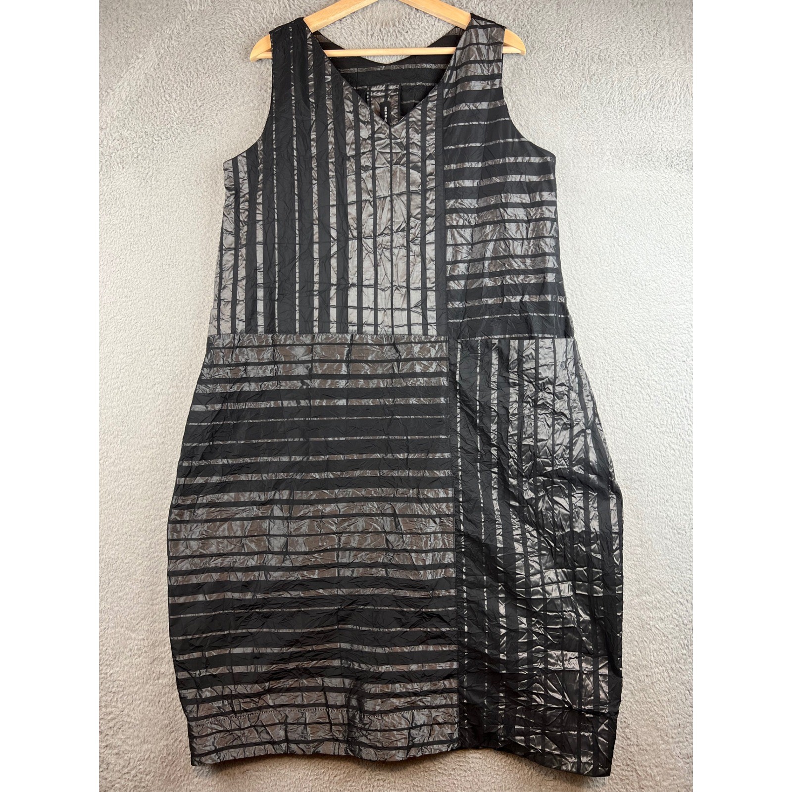 Gershon Bram Womens Metallic Striped Crinkle Midi Dress Black Silver Size M