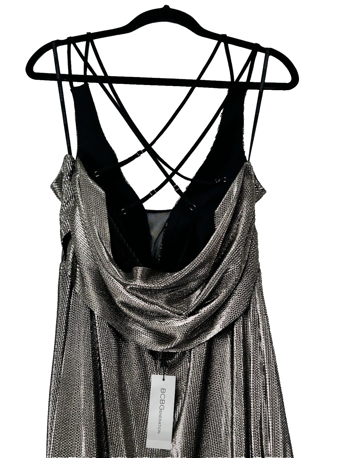 BCBGeneration Maxi Dress Crisscross Black Gold Metallic Size 10 NWT Front Split