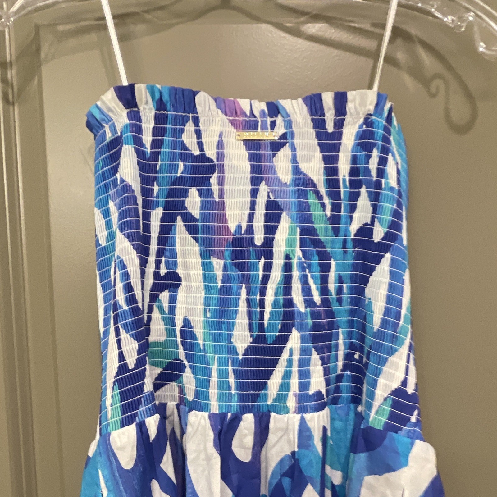 MILLY Womens Strapless Smocked Maxi Dress Abstract Blue White Purple Size M