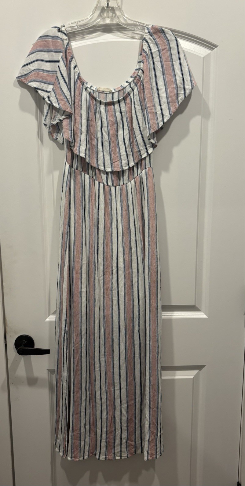 Oddy Brand Striped Off The Shoulder Ruffle Maxi Dress Pink Blue White Size Med
