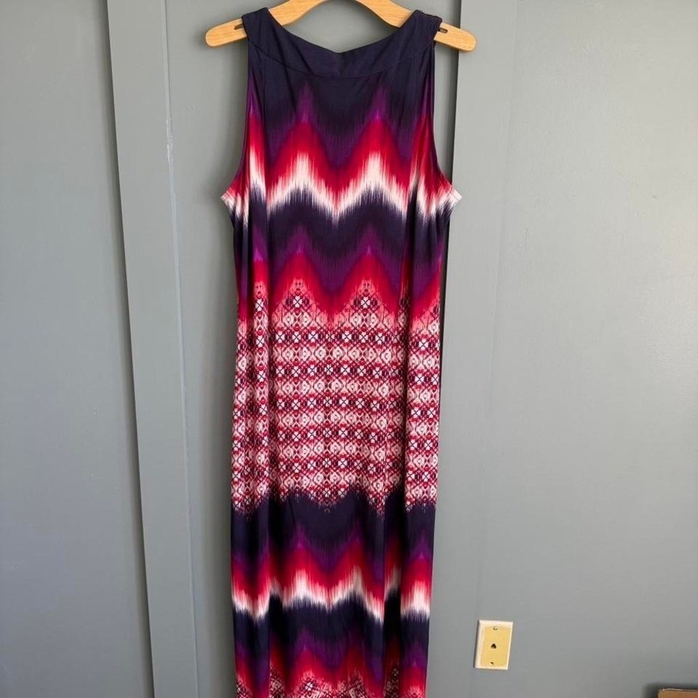 Catherines maxi dress vibrant pattern. Missing some beads around neckline