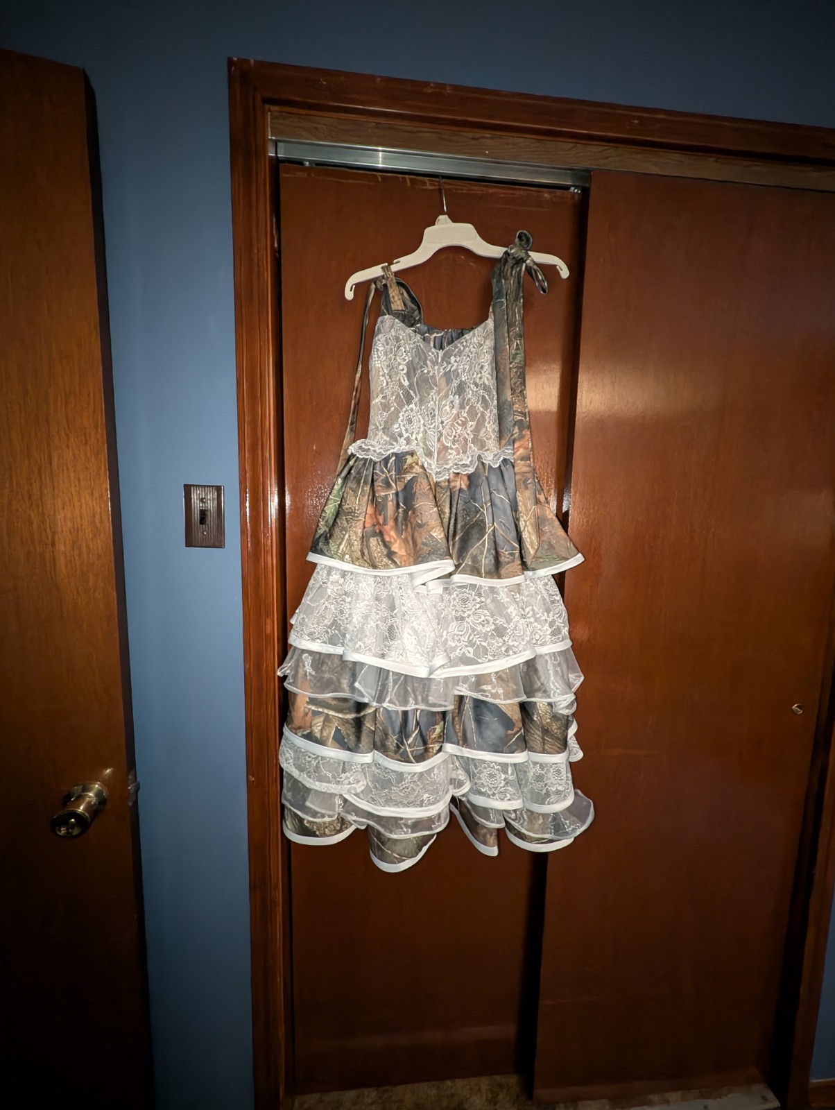 Camouflage Lace Layered A-Line Dress Square Neck Tie Straps Knee Length