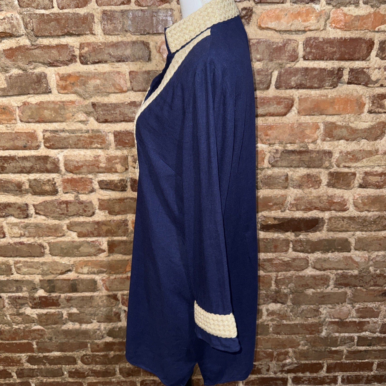 Sail to Sable Navy Blue linen Gold Embroidered Collar Cuff Tunic Dress Sz L EUC