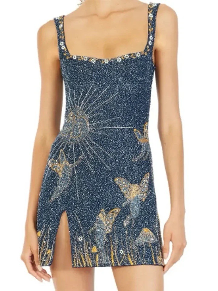Fairy Glitter Mini Dress Blue Celestial Embroidered Y2K Party Festival Fairycore