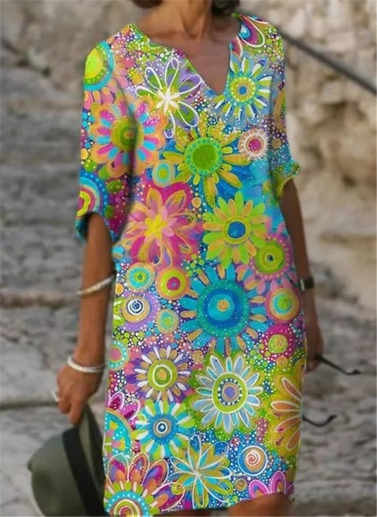 Women’s Plus Size Colorblock Patchwork V-Neck A-Line Midi Dress