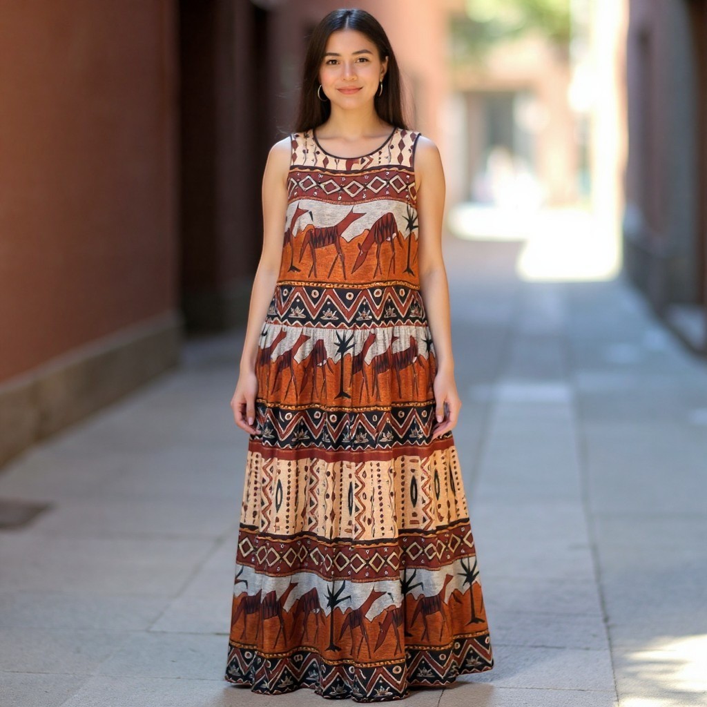 Bila Womens Tribal Print Sleeveless Maxi Dress Orange Brown Rayon Boho Large