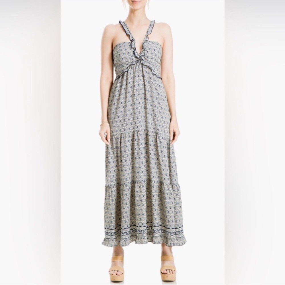 Max Studio Boho Tiered Halter Maxi Dress, XL Geometric Print Ruffle Straps
