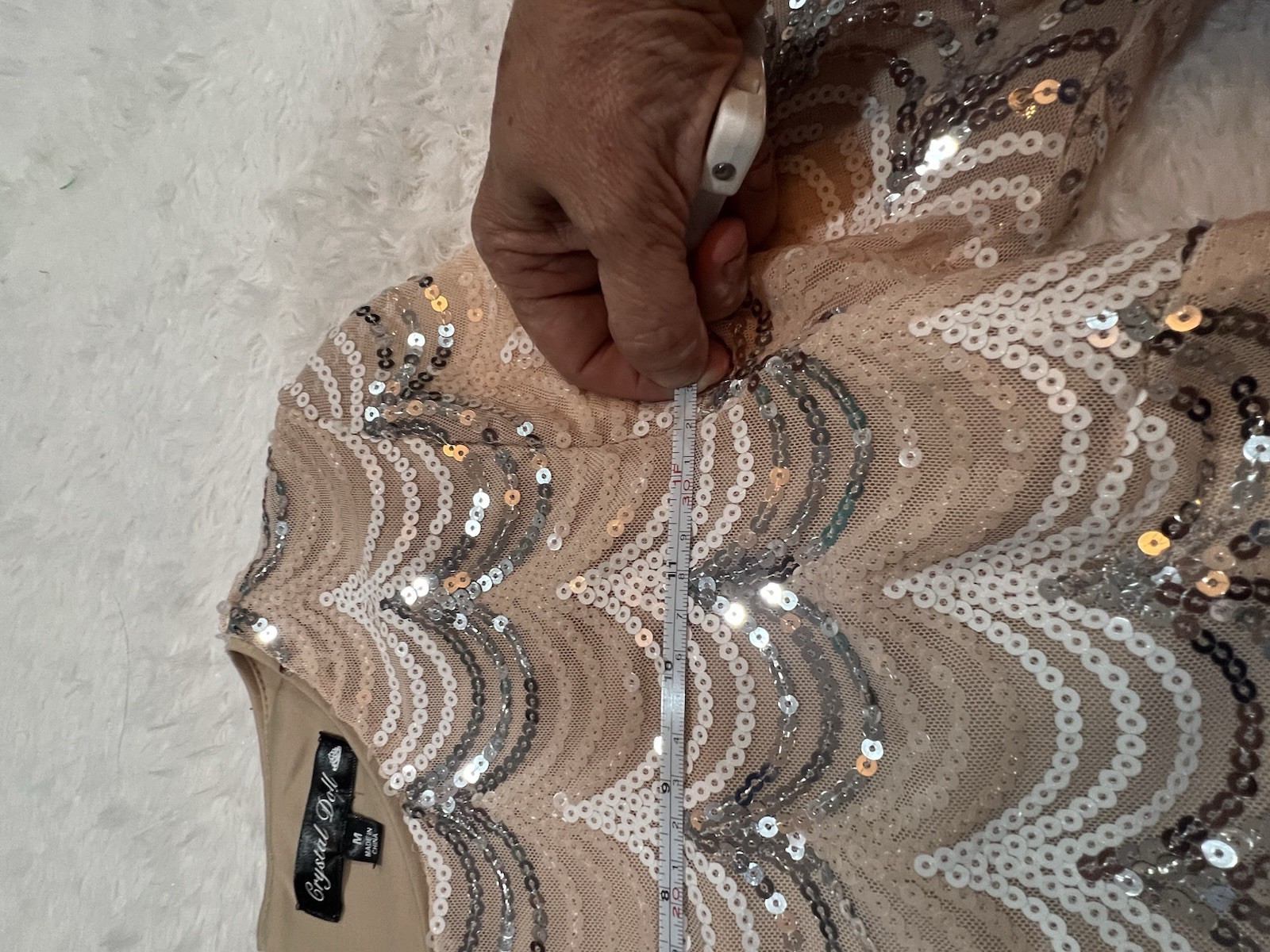 Crystal Doll Women’s M Beige Silver Sequin Mesh Long Sleeve Mini Dress Zip