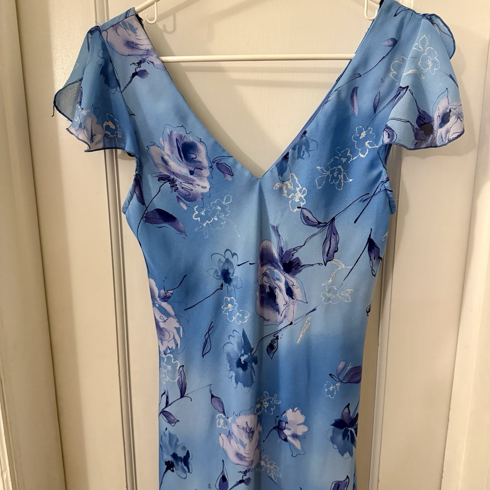 Vintage Y2K Steppin’ Out Blue Floral Maxi Slip Dress Gown Flutter Sleeve S 11/12