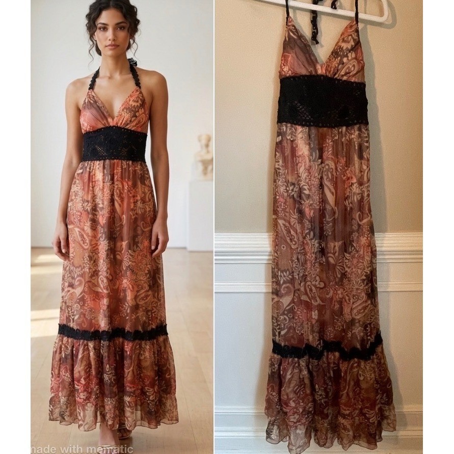 Sue Wong 100% Silk Romantic Whimsigoth Halter Maxi Dress Size 6 Lace Accents