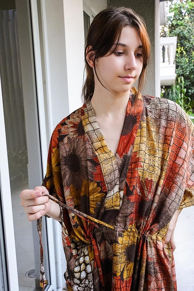 Silk Brown Kaftan / Handmade Flowy Maxi Dress / Resort Wear Outfit PS MFN1054