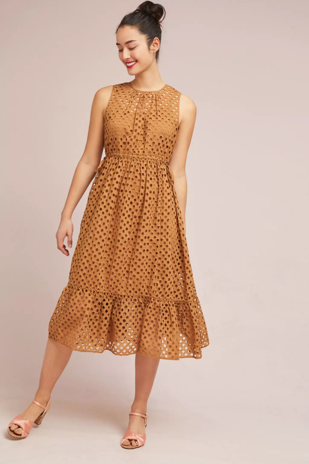 Anthropologie Ne Quittez Pas Honey Brown Uptown Eyelet Midi Dress Size XS $198