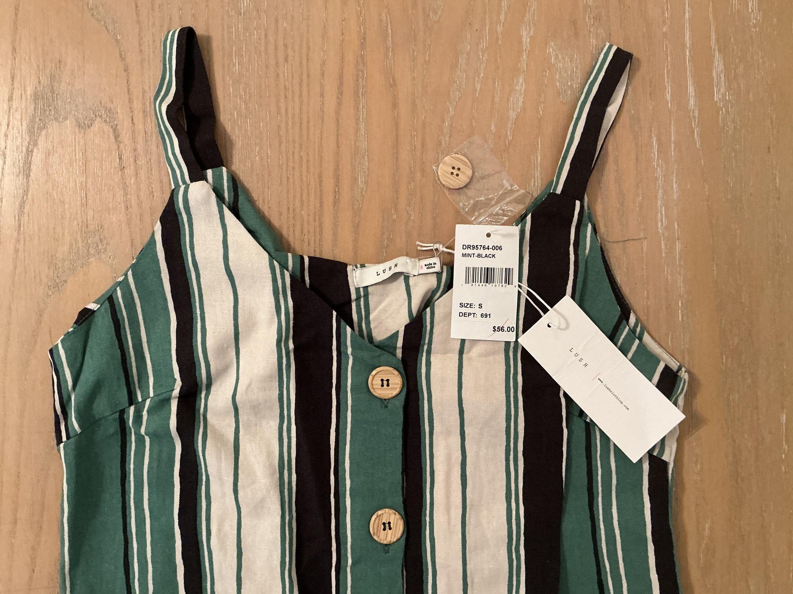Lush Dress Womens Small Green Black Striped Button Front Linen Blend Sundress