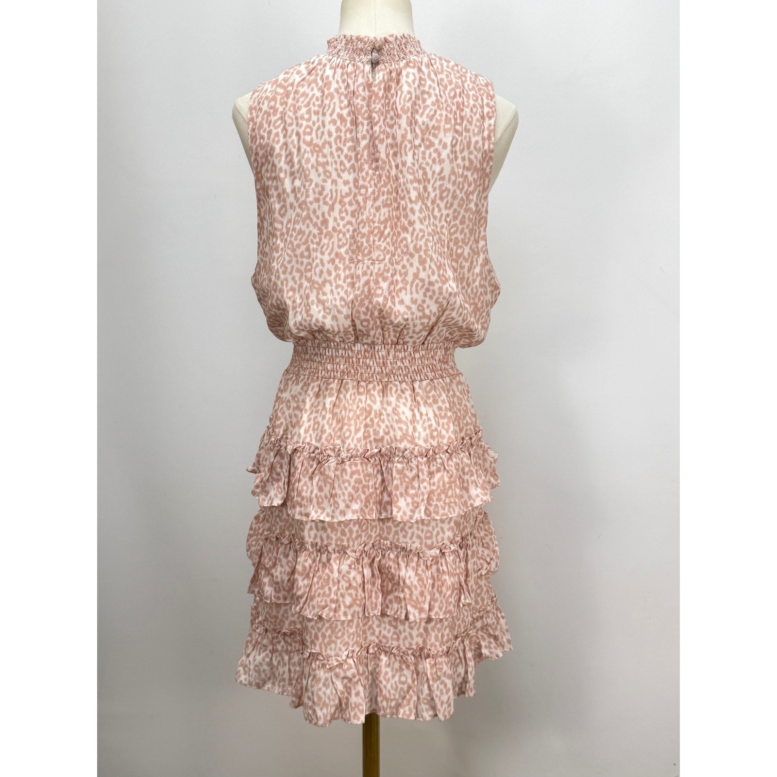 Rachel Parcell Pink Leopard Print Smocked High Neck Tiered Ruffle Mini Dress L