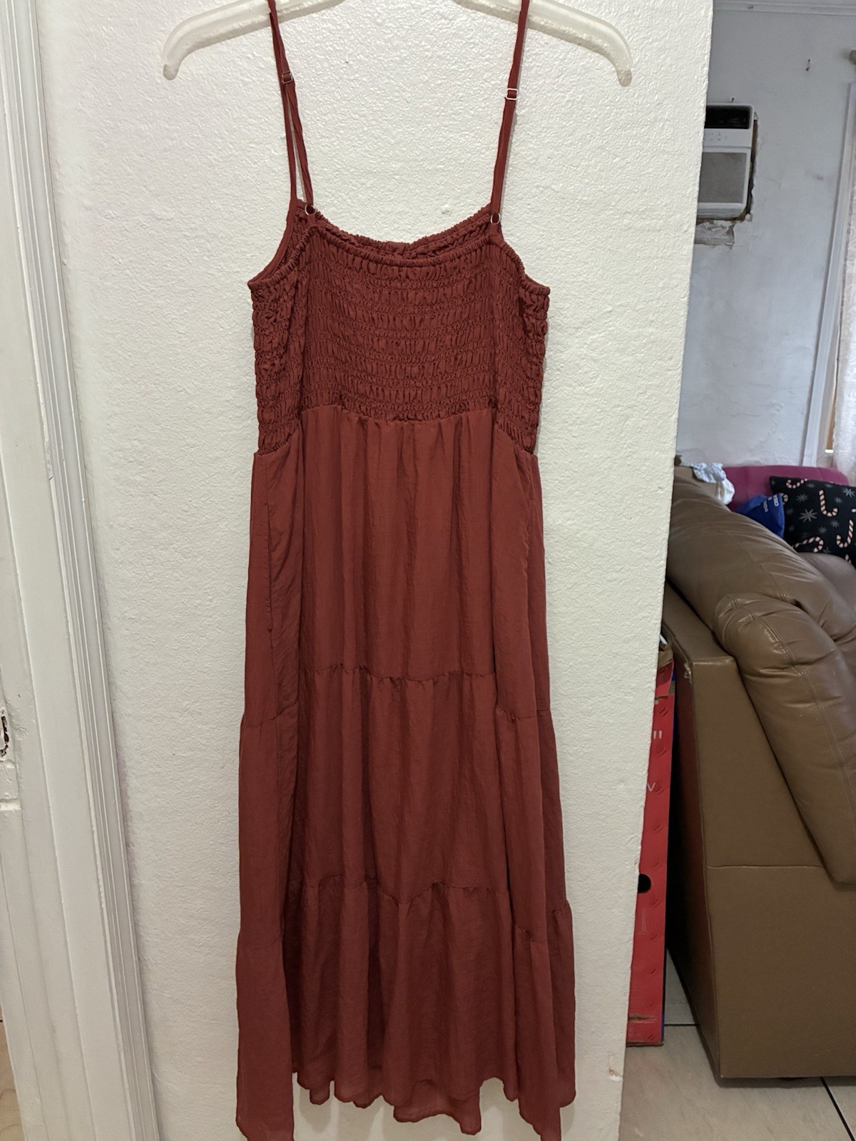 Universal Thread Brown Solid Smocked Square Neck Maxi Dress Adjustable Straps L