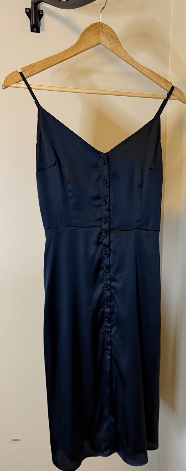 Abercrombie & Fitch Black Satin Midi Dress Spaghetti Strap Covered Button Size M
