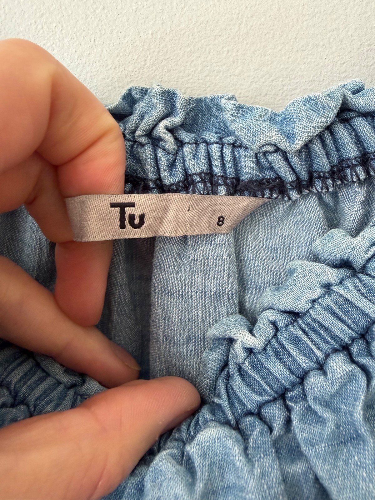 Tu Chambray Off-Shoulder Mini Cotton Dress Embroidered UK 8