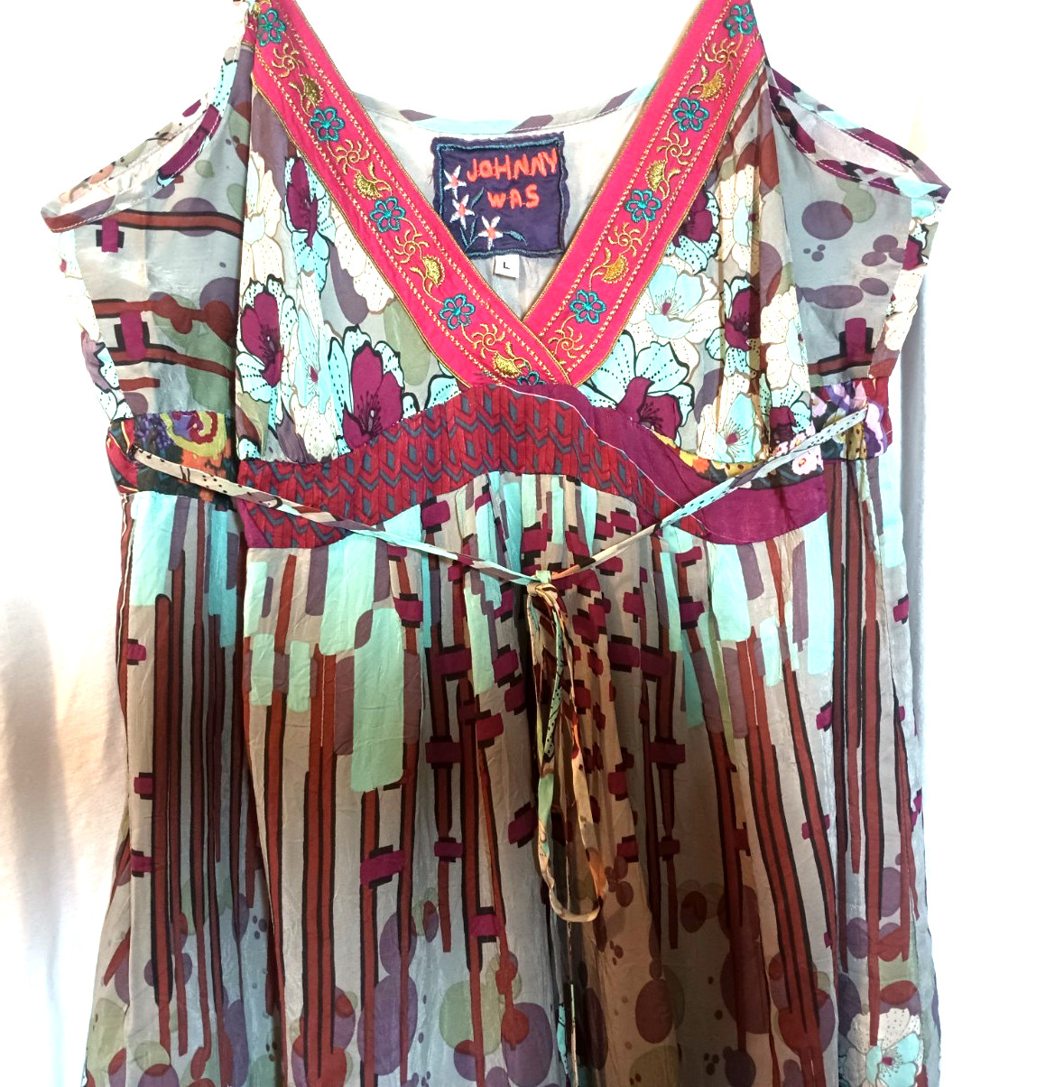 Johnny Was sundress, L, teal and purple, rayon/silk. DS07