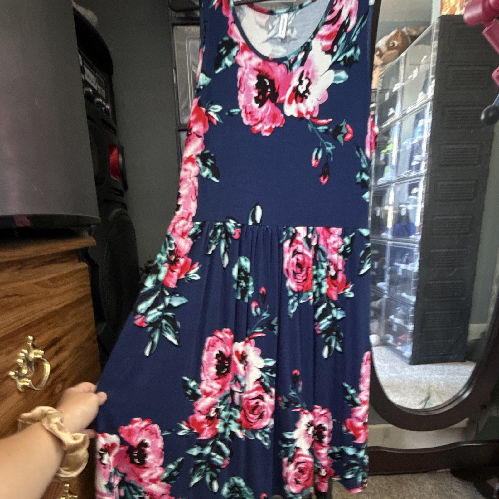 Women’s Navy Floral Sleeveless V-Neck Maxi Dress M Rayon/Spandex Knit Stretch