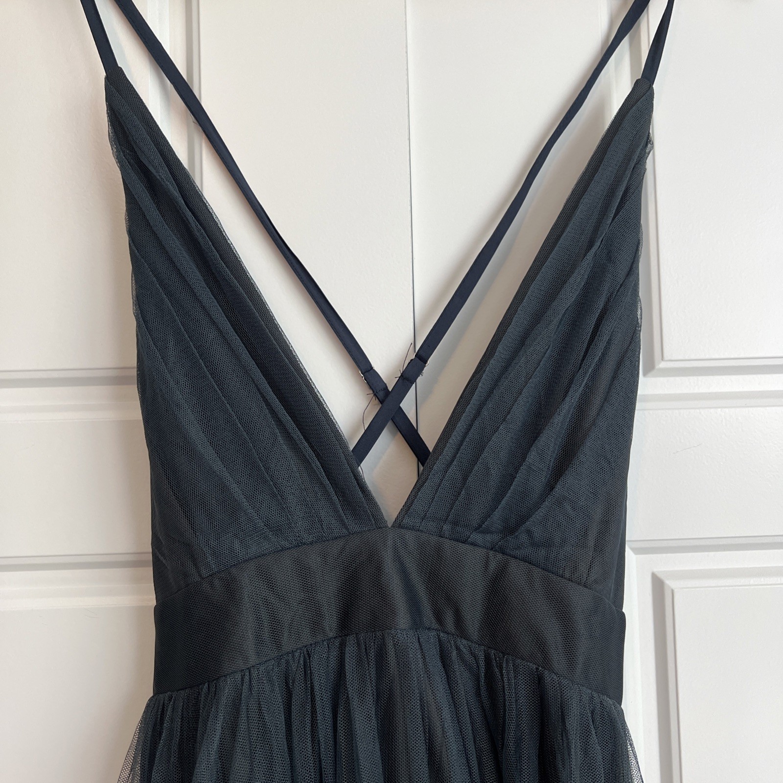 Luxxel Halter Strap Formal Gown Steel Blue Long Tulle Dress Ladies, size L NEW