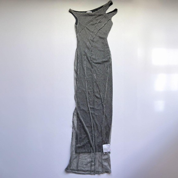 ASOS Silver Mesh Asymmetrical Collar Maxi Dress
