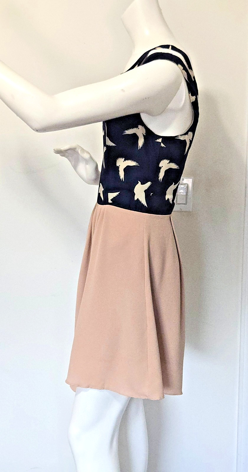 Swallow Bird Print Cutout Cold Shoulder Dress S Navy Beige Indie Flare Mini