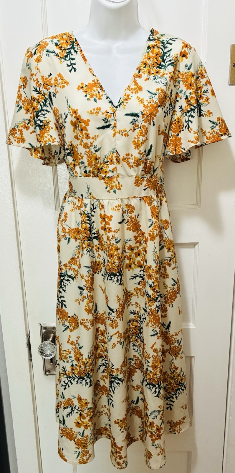 Emery Rose Women’s Orange Rust Ivory Green Floral Print Midi Modest Belt Dress M