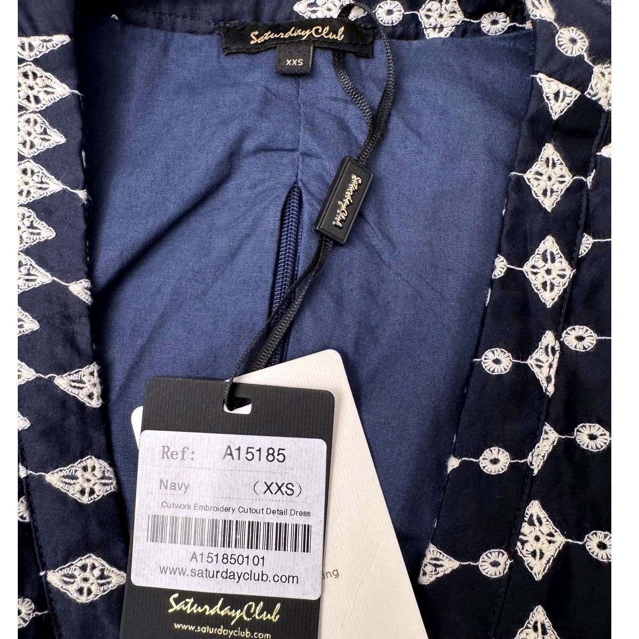 SaturdayClub Cutwork Embroidery Cutout Dress Navy Size XXS Puff Sleeve Midi