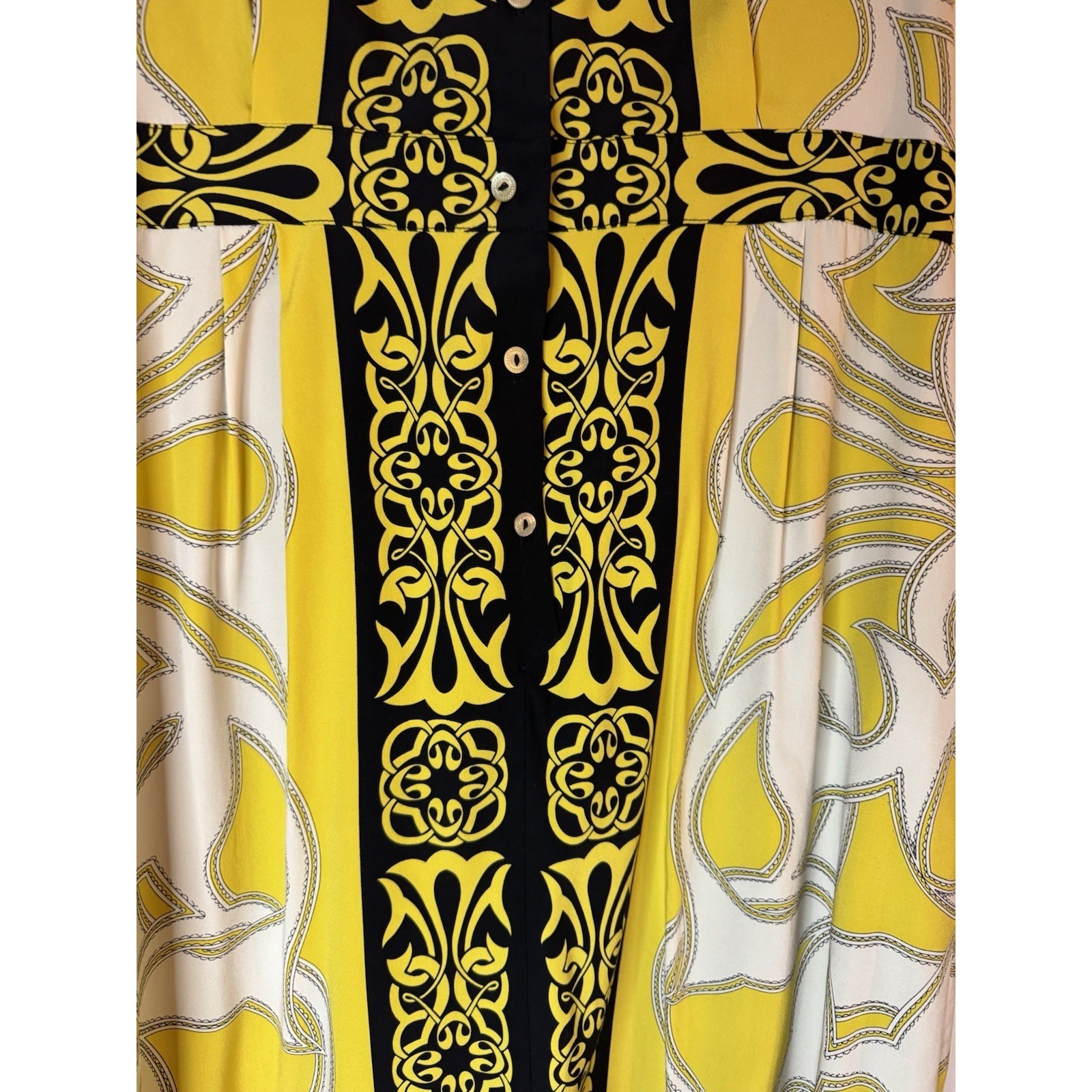 Nicole Miller Collection Yellow Silk Blend Geometric Print Button Front Dress L