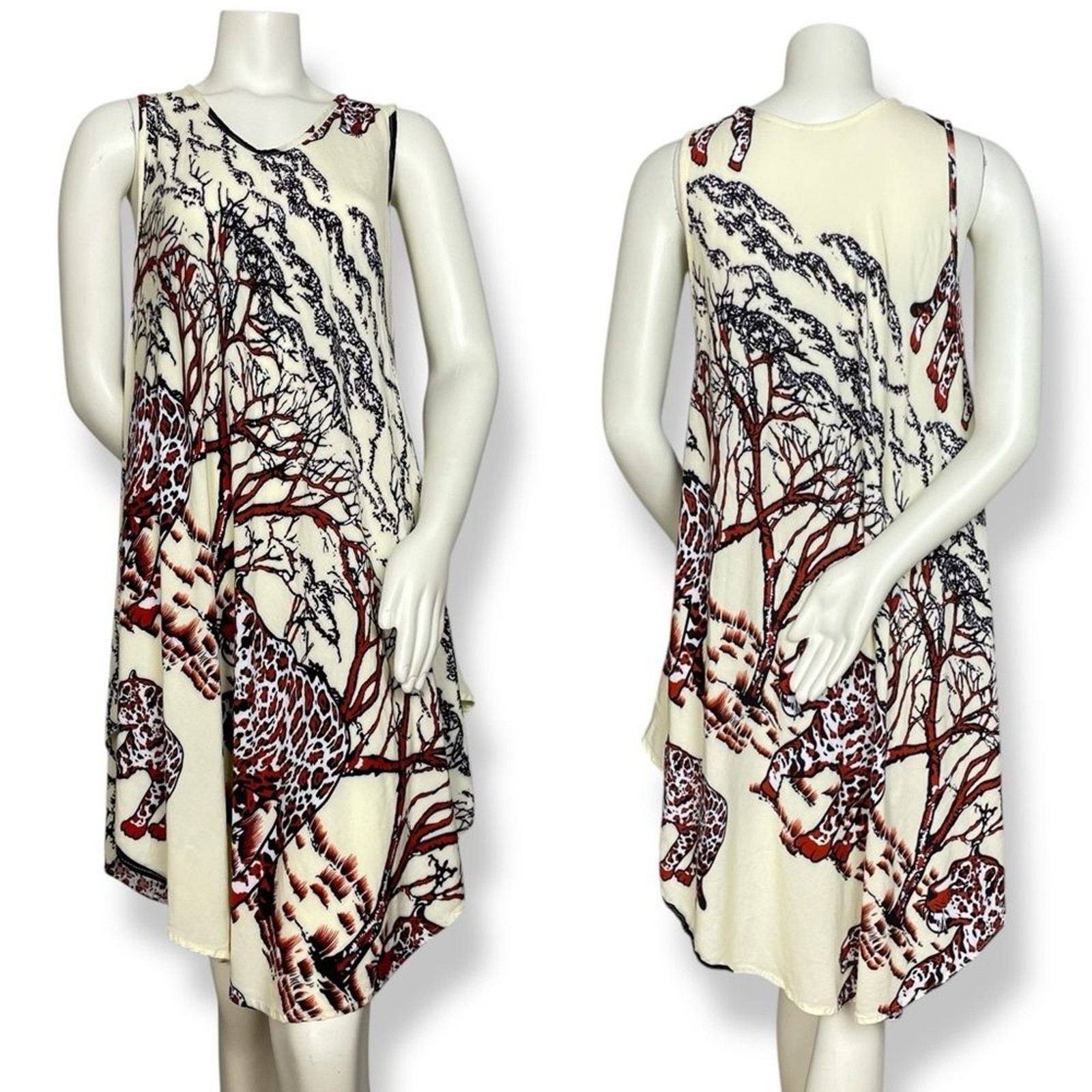 Jungle Print Dress Tunic Leopard Sleeveless Swing Relaxed Fit Women Animal Trees