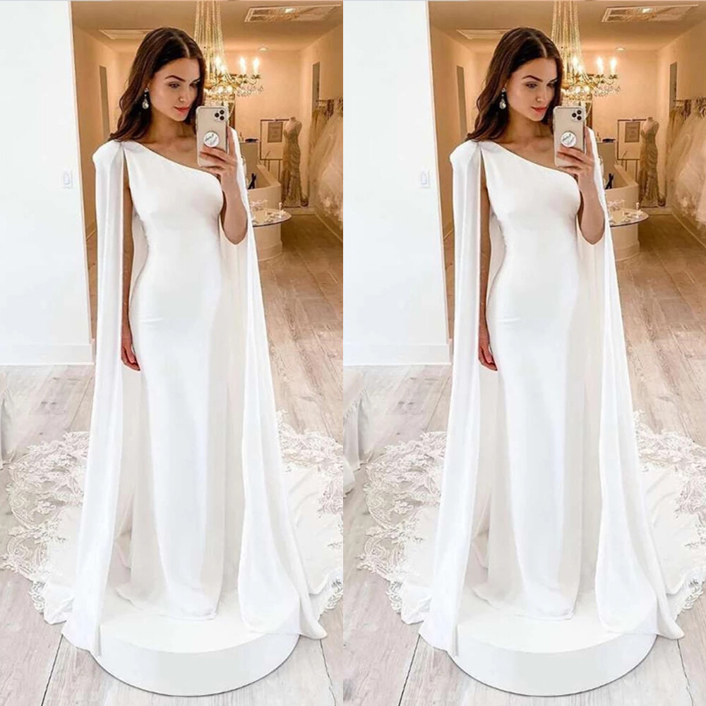 Single Shoulder Mermaid Satin Wedding Dress Sweeping Train with Cape Bride Gown