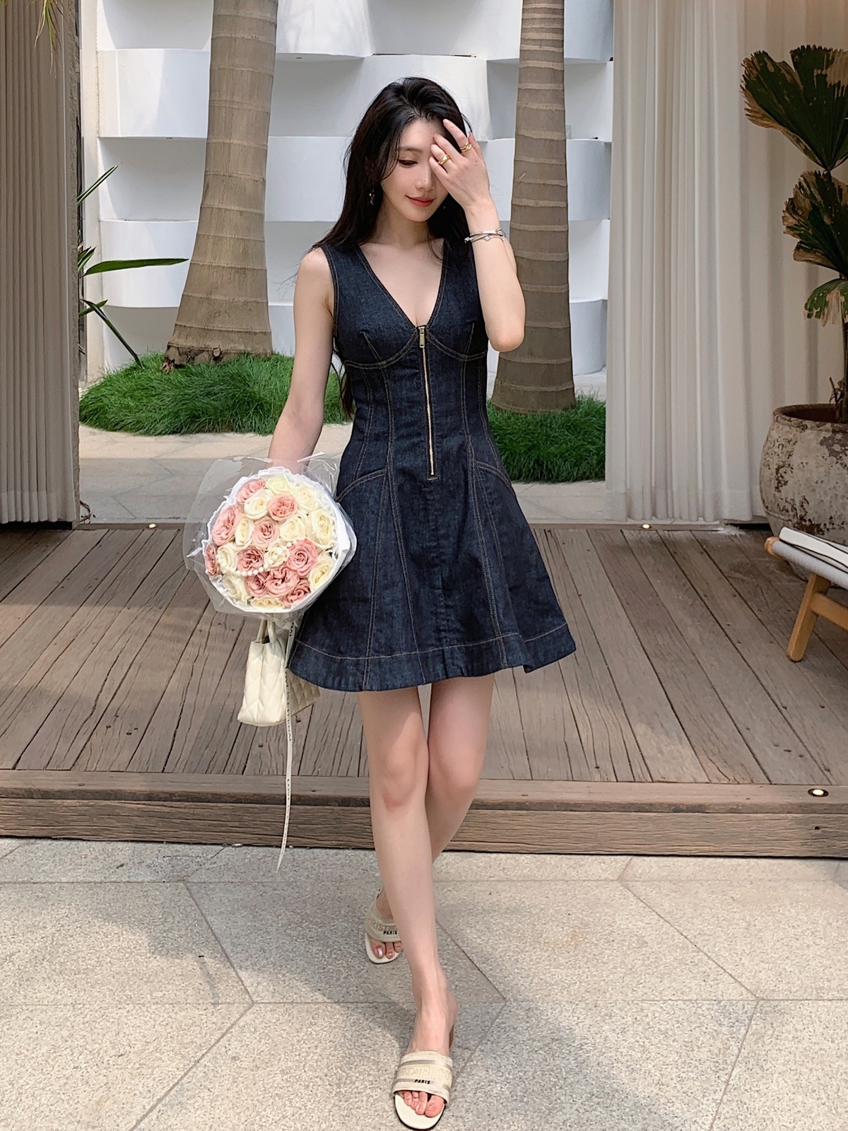 Self-Portrait Dark blue Sleeveless V-neck Dress Denim vest skirt