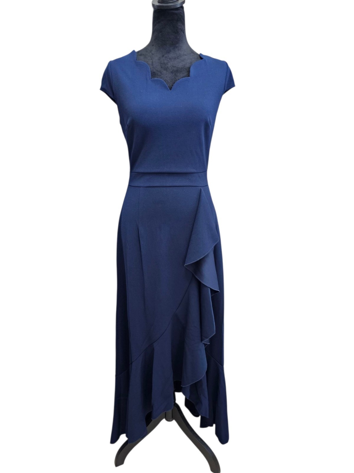 NWT Miusol Vintage Scalloped Neck Detail Ruffle Front Split Small Navy Blue