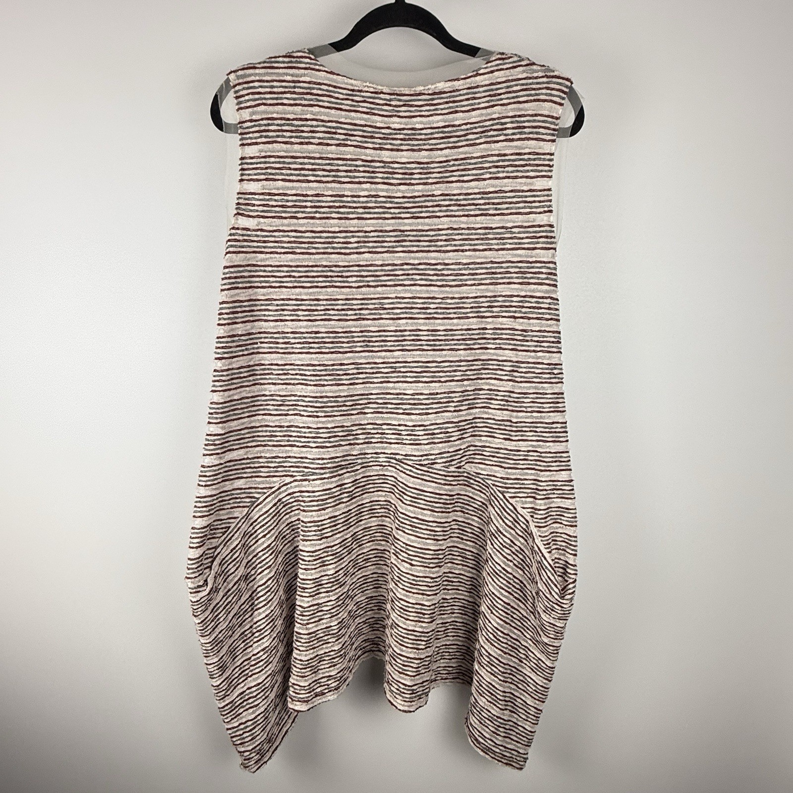Luukaa Dress Cream Red Gray Stripe Sheer Mesh Sz 10 Lagenlook Art To Wear NEW