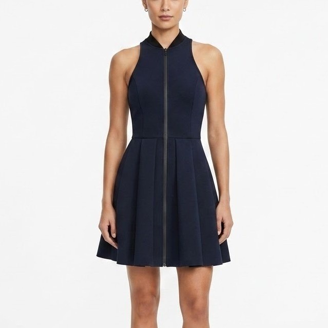 T by Alexander Wang Navy Scuba Front Zip Pleated Mini Dress Pockets sz XS Sporty