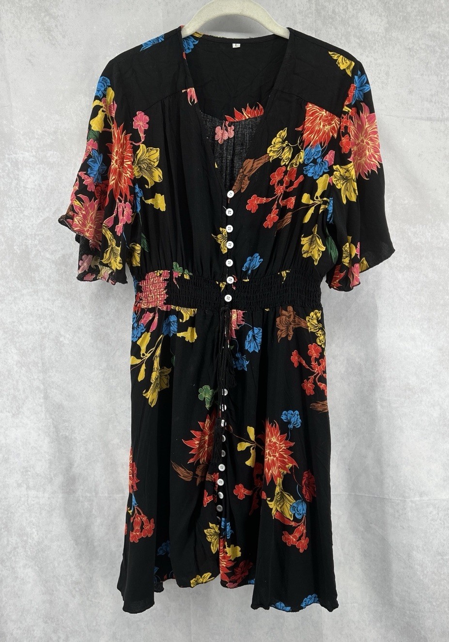 Bohemian Fit Flare Dress Sz L CottageCore Button Front Black Floral Tassle Midi