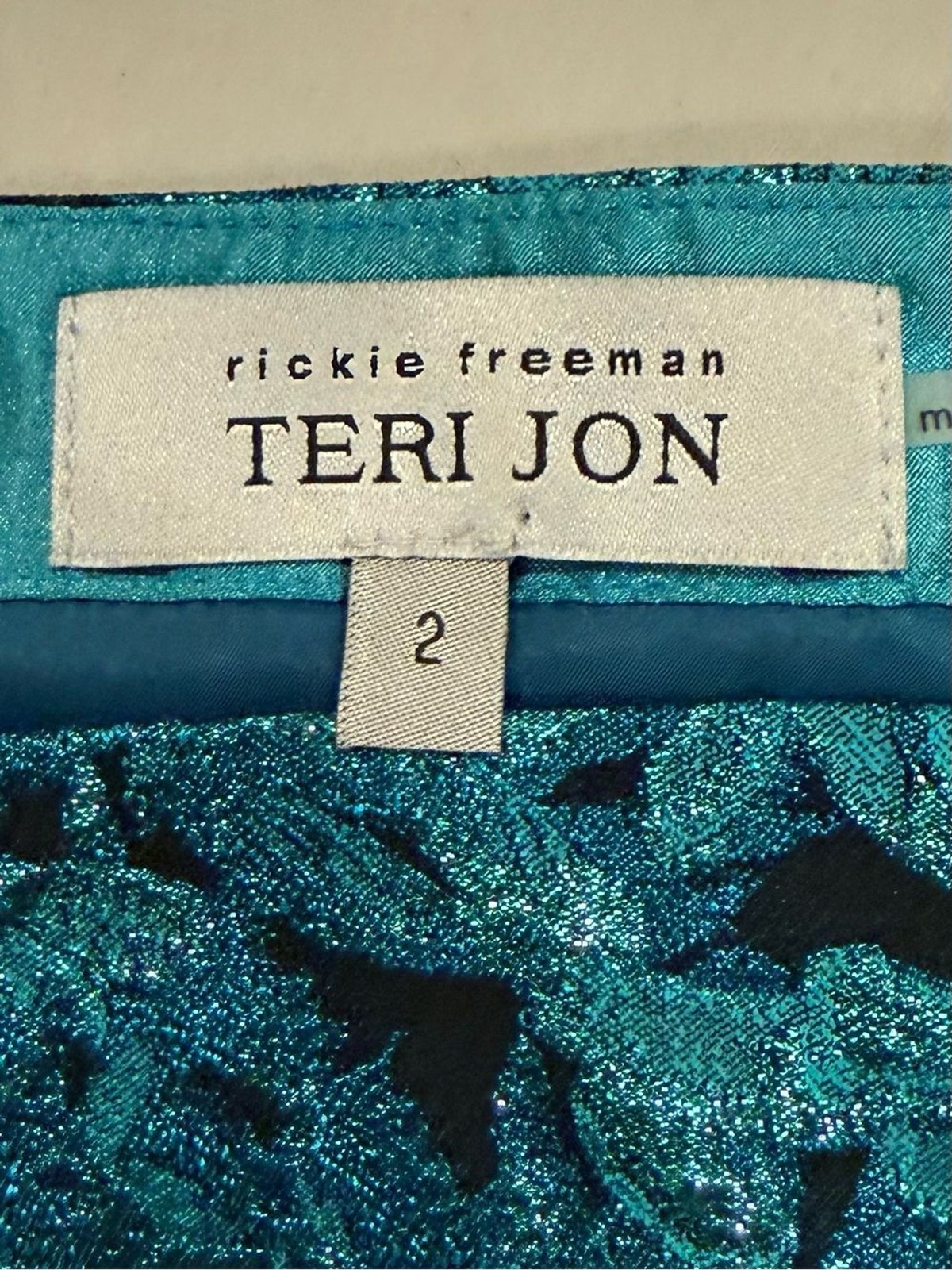 Teri Jon Rickie Freeman Teal Metallic Floral Jacquard Bow Shoulder Sheath Dress