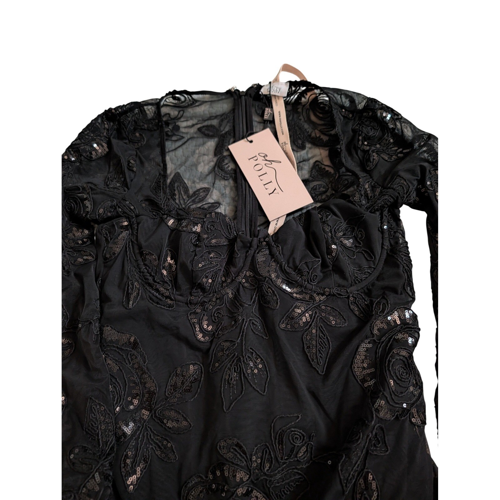 Oh Polly Nazara Black Sheer Embellished Bodysuit Sz 8 Corset Maxi Gown Dress NEW