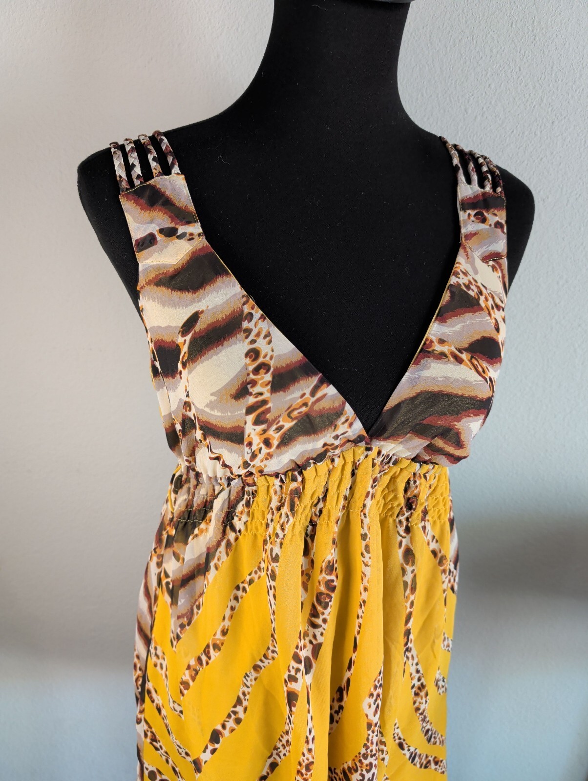 Yellow Animal Print Empire Waist Halter Dress M
