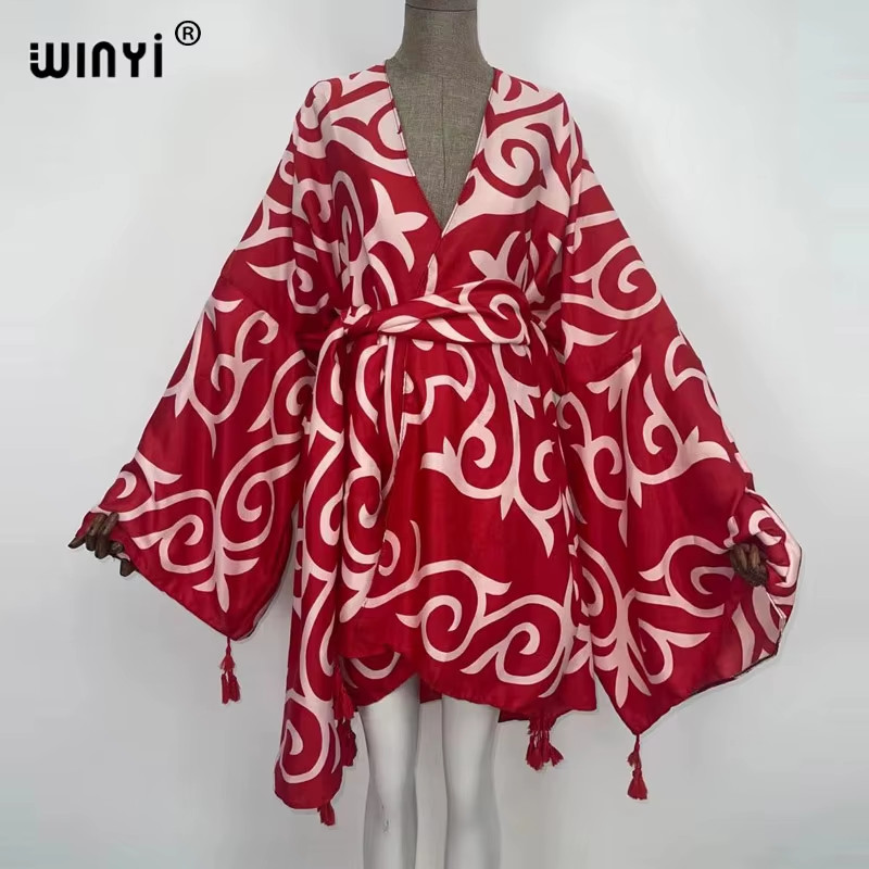 Red Africa Dress Women Cardigan Silky Robe Kimono Dress Cruise Wear Beach Dress
