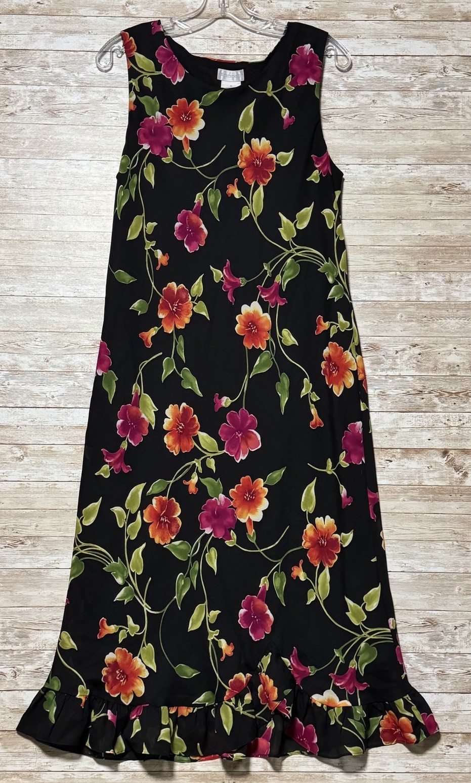 Worthington Black Floral Maxi Sleeveless Dress Womens 16 Ruffle Hem Lined