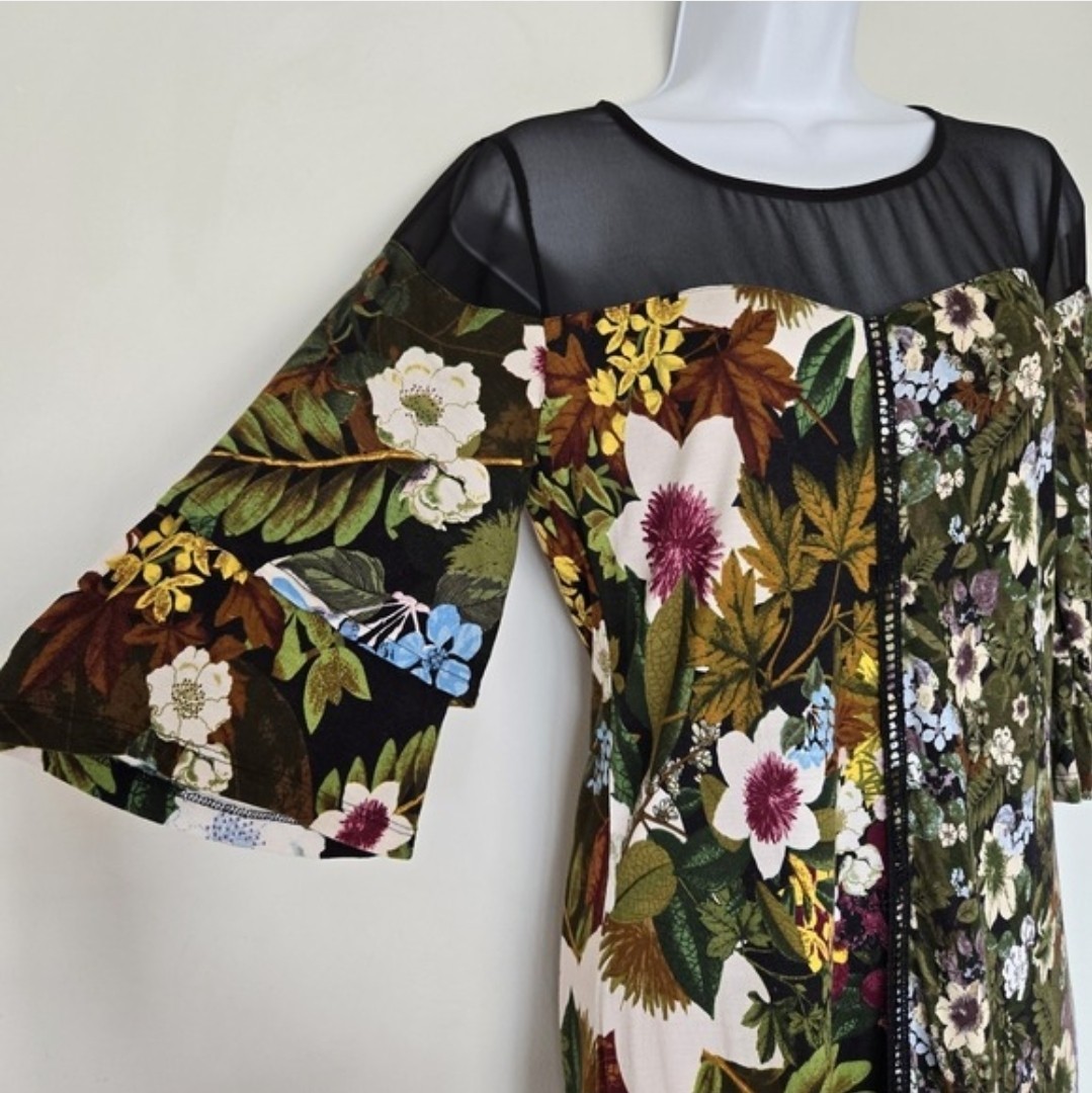 Desigual Morgana Floral Patchwork Dress Sze S Sheer Mesh Bell Sleeve Cottagecore