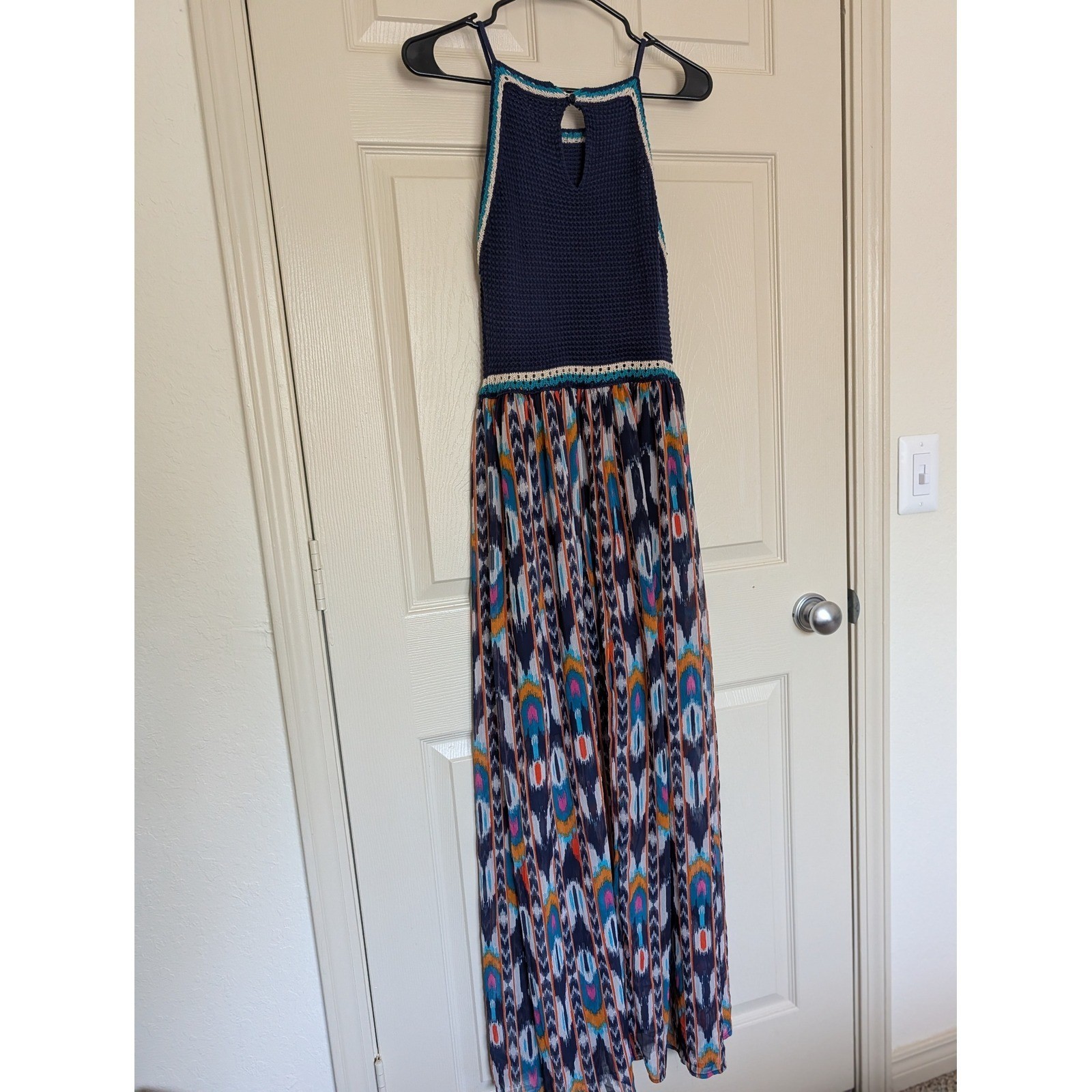 Crochet Halter Ikat Print Maxi Dress Medium Boho Summer