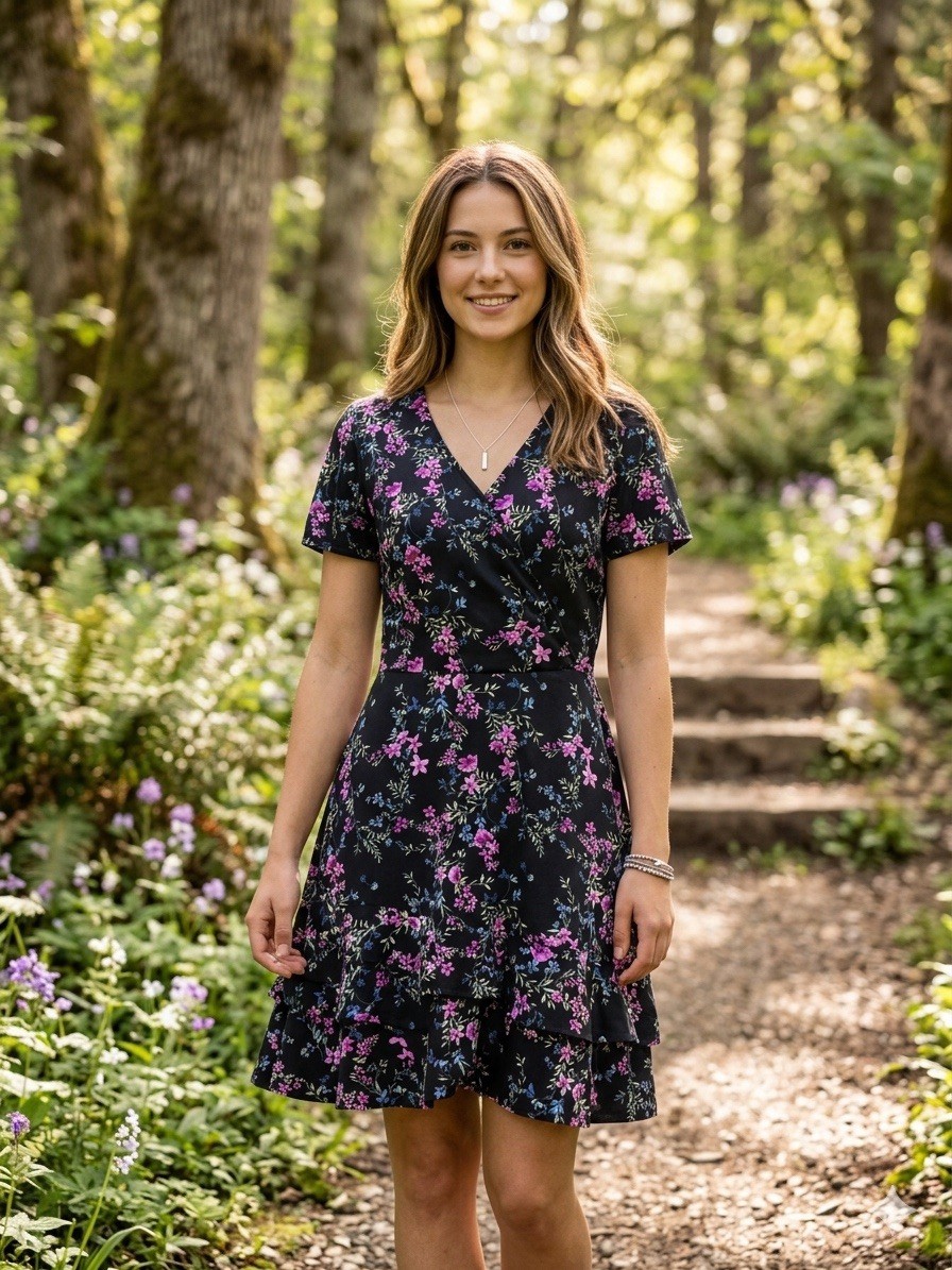 New FORTUNE+IVY Boho Black Floral Puff Sleeve Faux Wrap Comfy Dress Women Size S